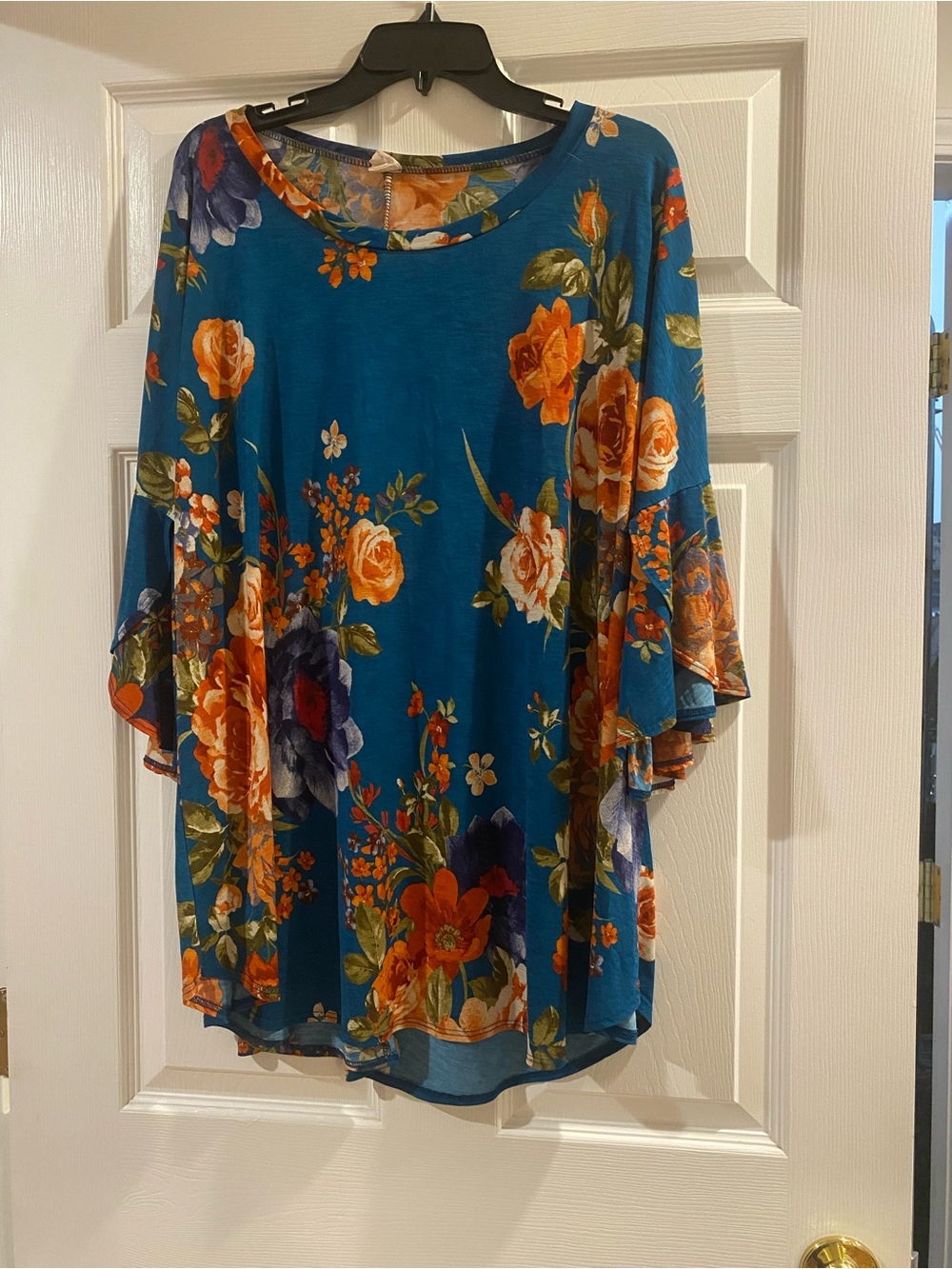 Vibe Teal Floral Flutter Sleeve Tunic with Orange Accents